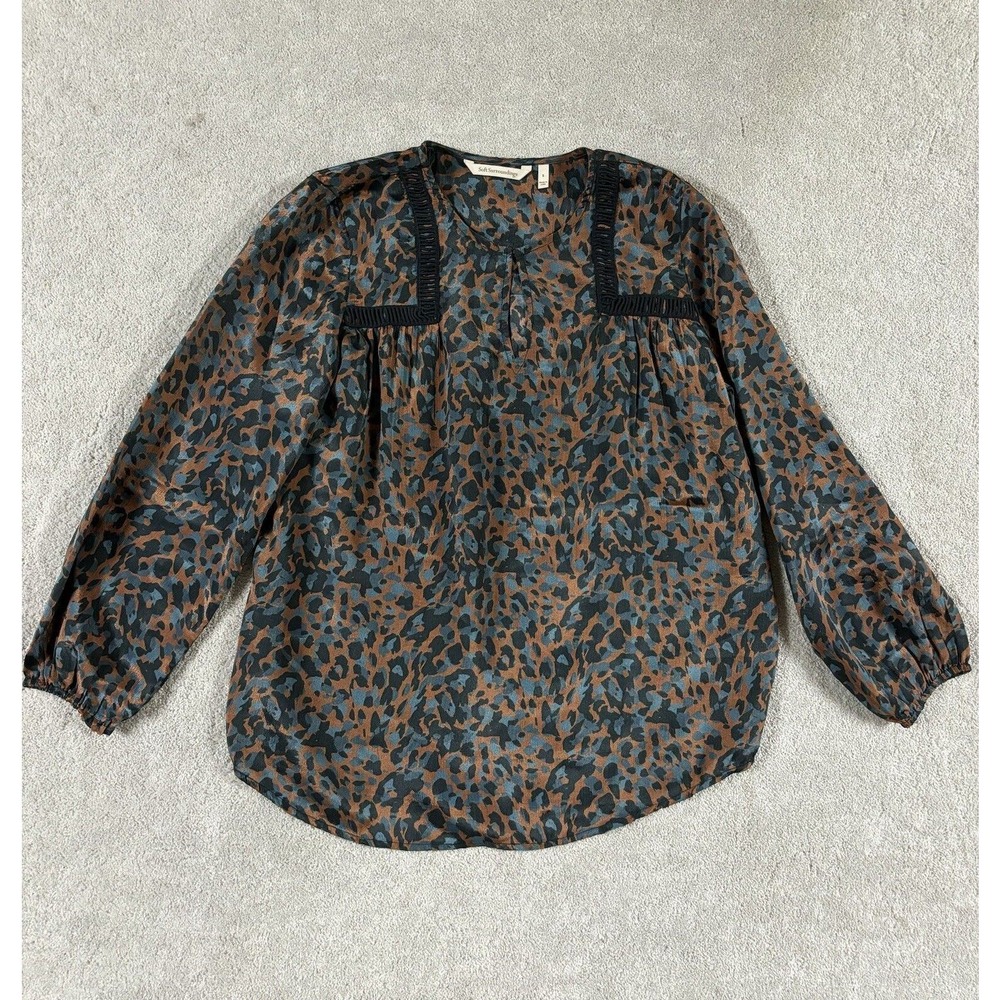 Soft Surroundings Small Blouse Blue Brown Cheetah EUC
